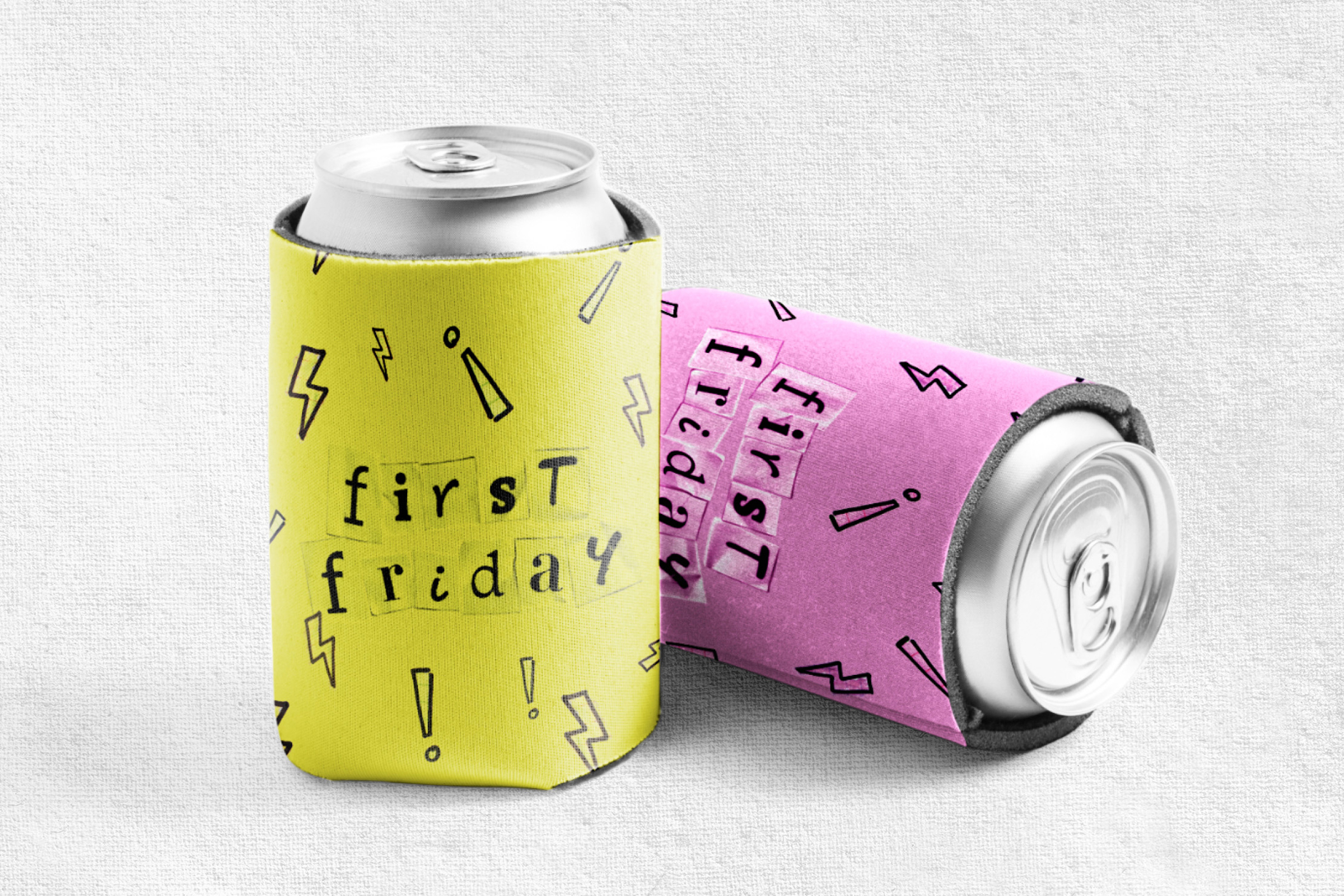 Photo of pink and yellow koozies with First Friday logo