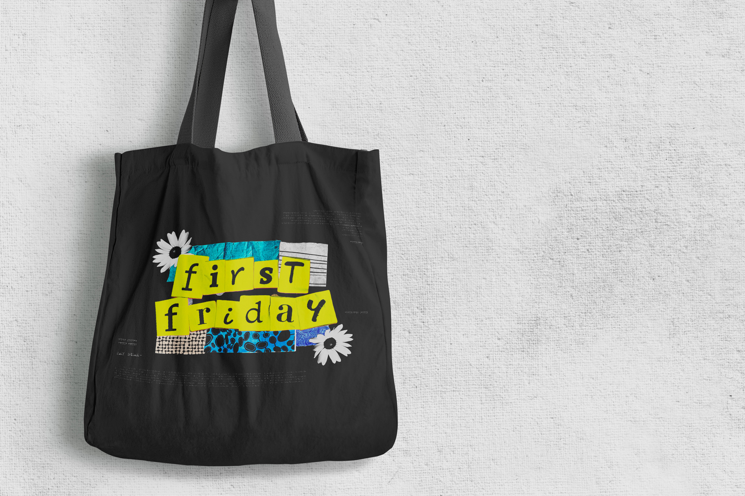 Photo of a tote bag with First Friday logo